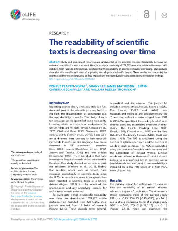 (PDF) The readability of scientific texts is decreasing over time