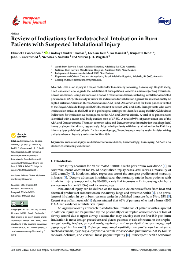 (PDF) Review of Indications for Endotracheal Intubation in Burn ...