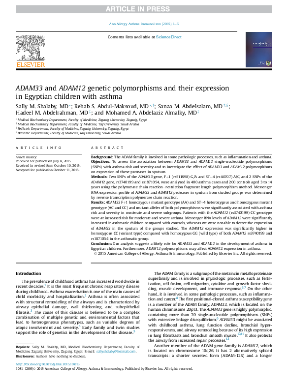 (PDF) ADAM33 and ADAM12 genetic polymorphisms and their expression in ...