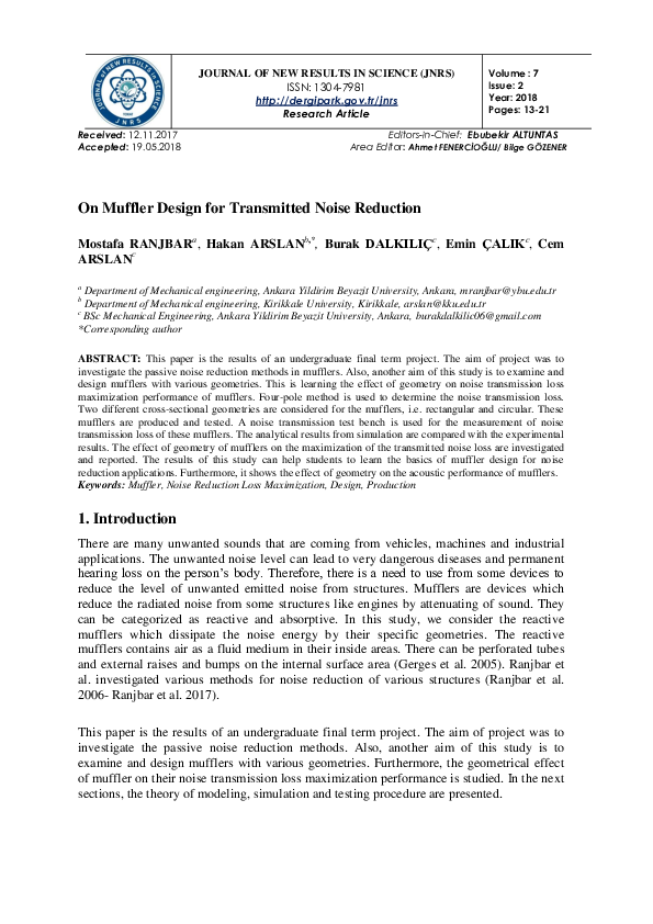 (PDF) On Muffler Design for Transmitted Noise Reduction