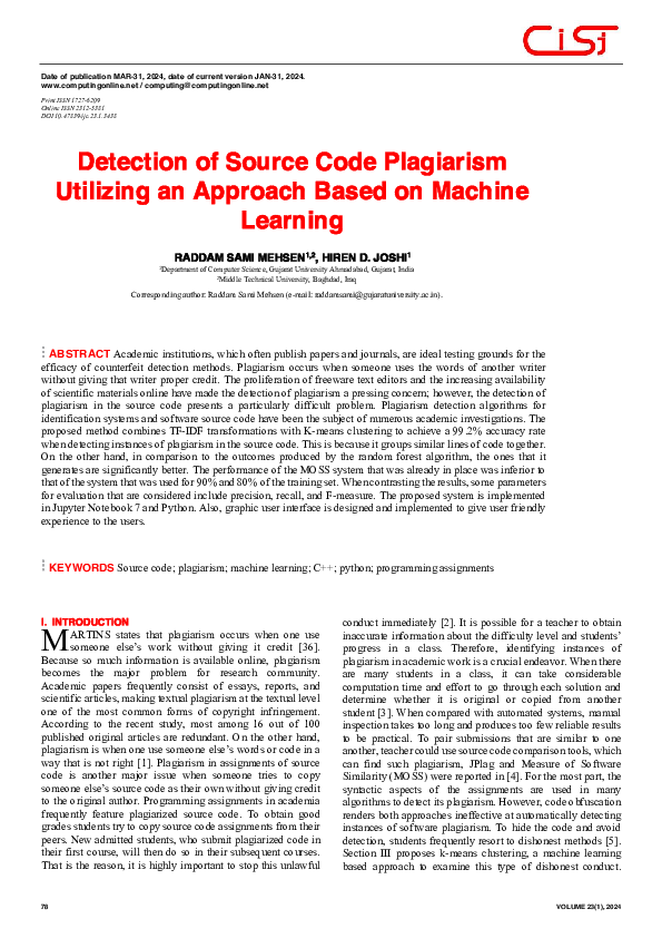 (PDF) Detection of Source Code Plagiarism Utilizing an Approach Based ...