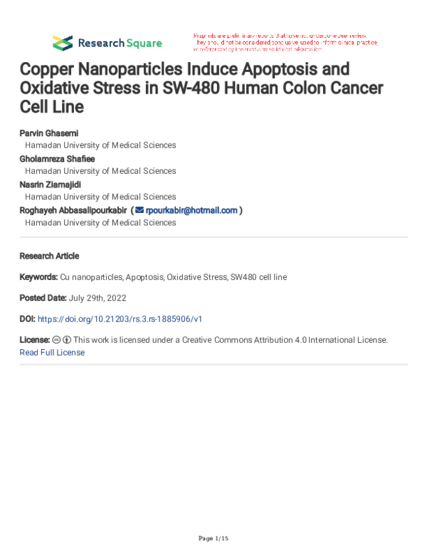 (PDF) Copper Nanoparticles Induce Apoptosis and Oxidative Stress in ...