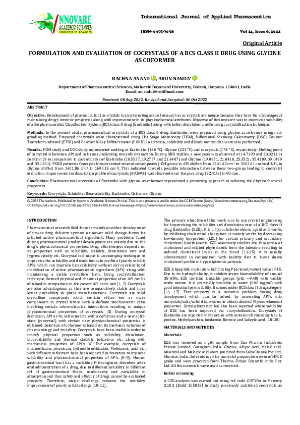 (PDF) Formulation and Evaluation of Cocrystals of a BCS Class II Drug ...