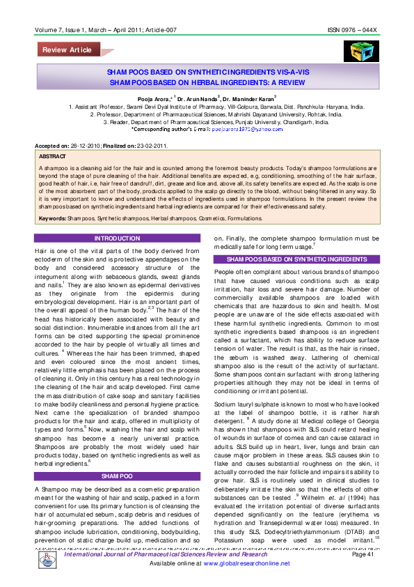 (PDF) SHAMPOOS BASED ON SYNTHETIC INGREDIENTS VIS-A-VIS SHAMPOOS BASED ...