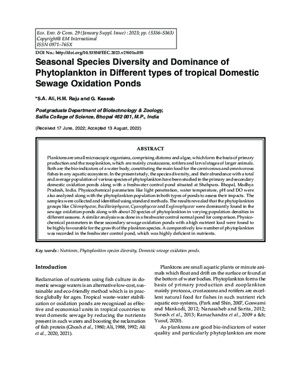(PDF) Seasonal Species Diversity and Dominance of Phytoplankton in ...