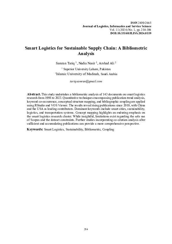 (PDF) Smart Logistics for Sustainable Supply Chain A Bibliometric Analysis
