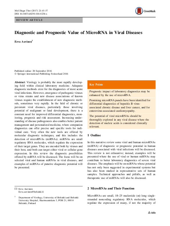 (PDF) Diagnostic and Prognostic Value of MicroRNA in Viral Diseases