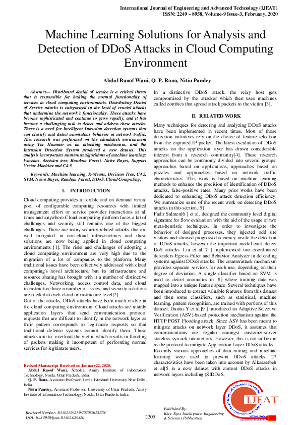 (PDF) Machine Learning Solutions for Analysis and Detection of DDoS ...