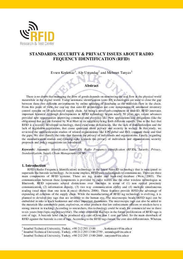 (PDF) Standards, Security & Privacy Issues about Radio Frequency ...