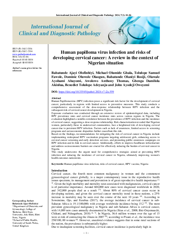 (PDF) Human papilloma virus infection and risks of developing cervical ...