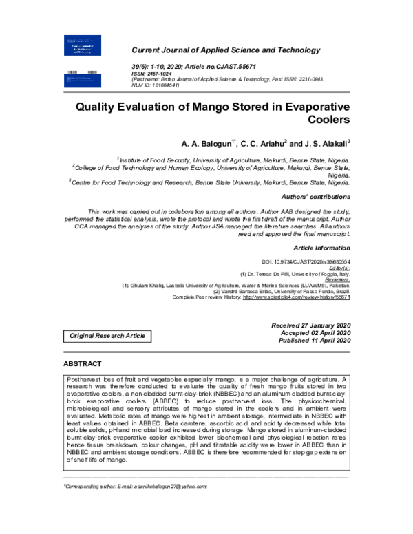 (PDF) Quality Evaluation of Mango Stored in Evaporative Coolers