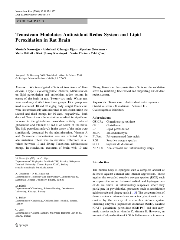 PDF) Tenoxicam Modulates Antioxidant Redox System and Lipid Peroxidation in  Rat Brain