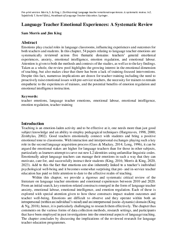 (PDF) Language Teacher Emotional Experiences: A Systematic Review