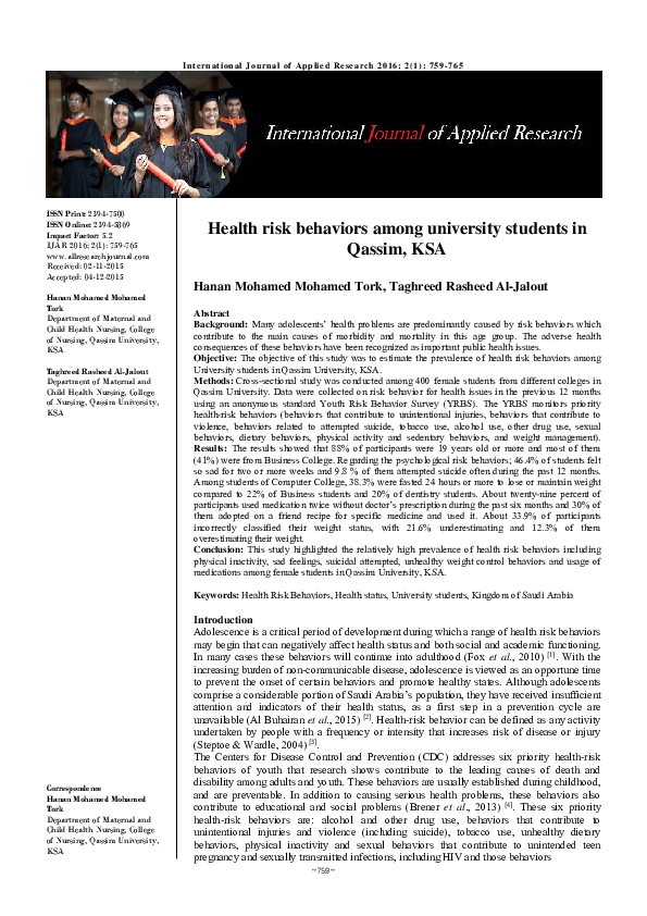 (PDF) Health risk behaviors among university students in Qassim, KSA
