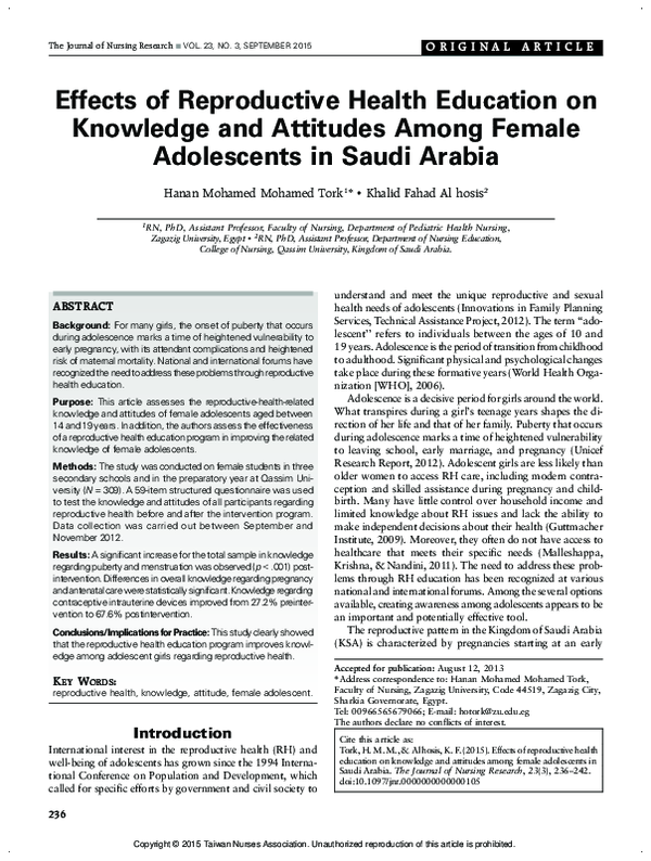 (PDF) Effects of Reproductive Health Education on Knowledge and ...