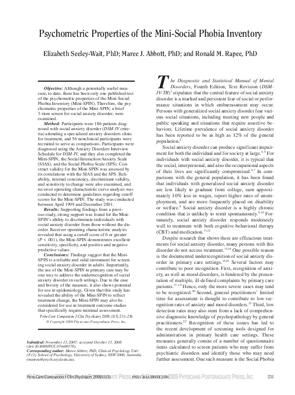 (PDF) Psychometric Properties of the Mini-Social Phobia Inventory