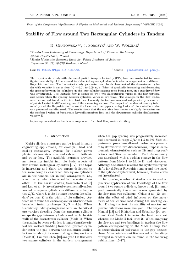 (PDF) Stability of Flow around Two Rectangular Cylinders in Tandem