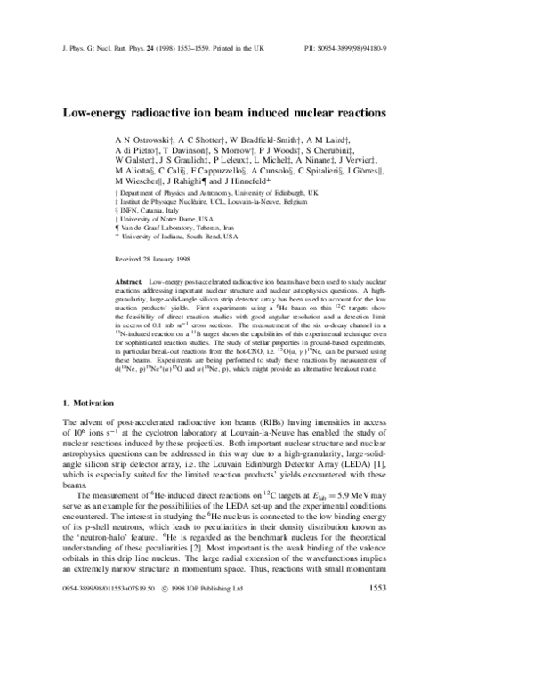 (PDF) Low-energy radioactive ion beam induced nuclear reactions