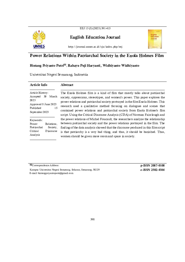 (PDF) Power Relations Within Patriarchal Society in the Film Enola Holmes