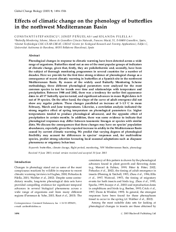 (PDF) Effects of climatic change on the phenology of butterflies in the ...