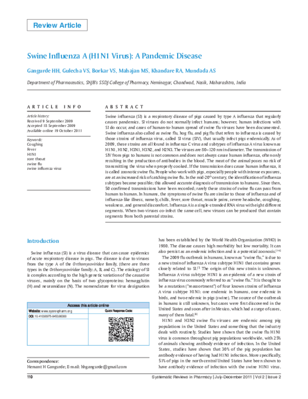 (PDF) Swine Influenza A (H1N1 Virus): A pandemic disease