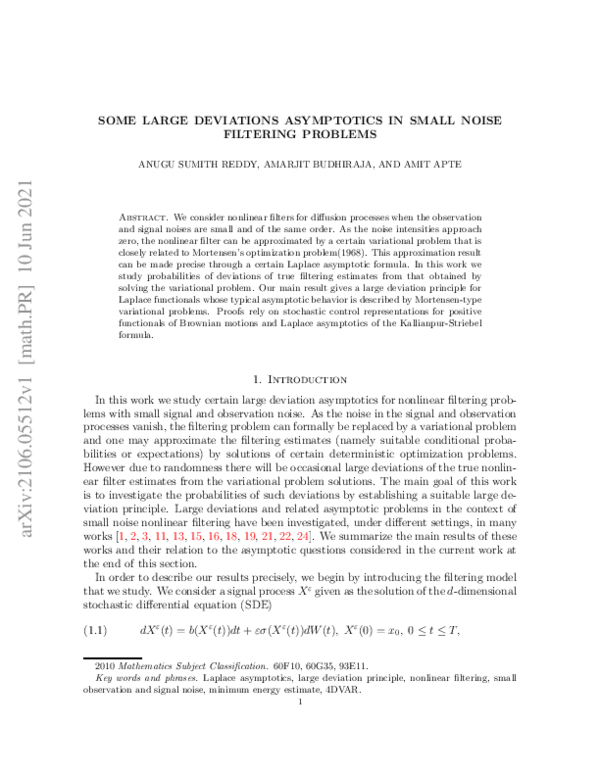 (PDF) Some Large Deviations Asymptotics in Small Noise Filtering Problems