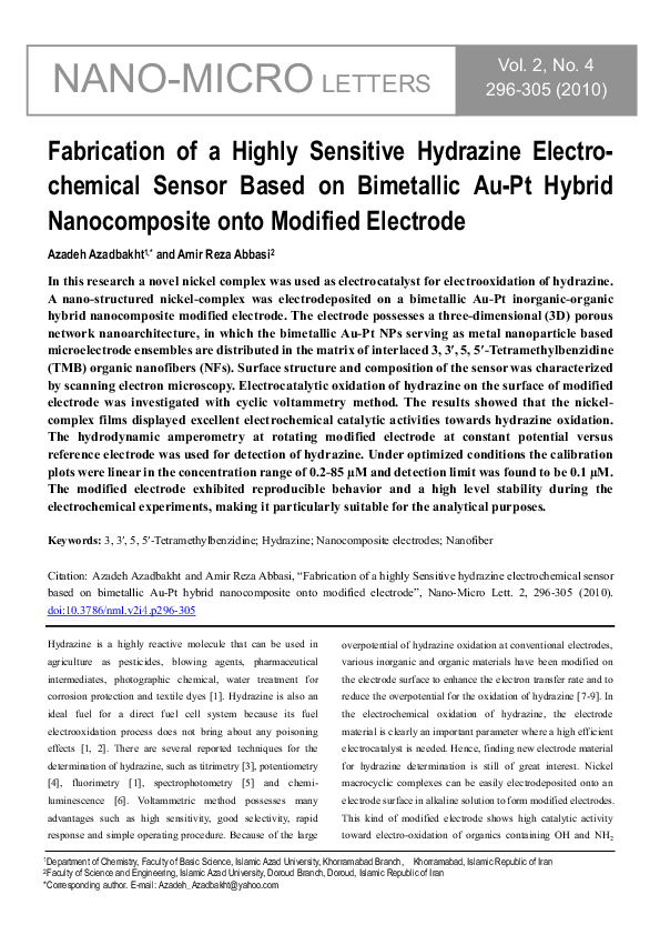 (PDF) Fabrication of a Highly Sensitive Hydrazine Electrochemical ...