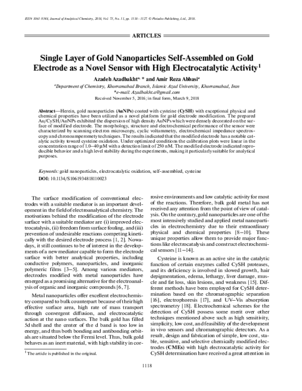 (PDF) Single Layer of Gold Nanoparticles Self-Assembled on Gold ...