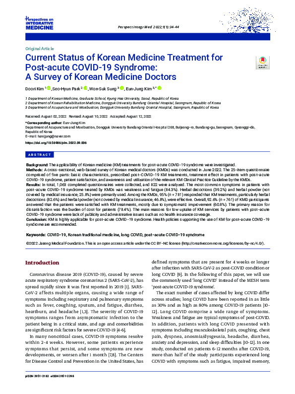 (PDF) Current Status of Korean Medicine Treatment for Post-acute COVID ...