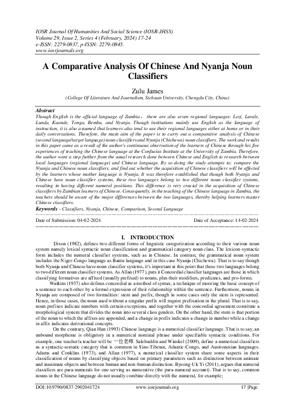 (PDF) A Comparative Analysis Of Chinese And Nyanja Noun Classifiers