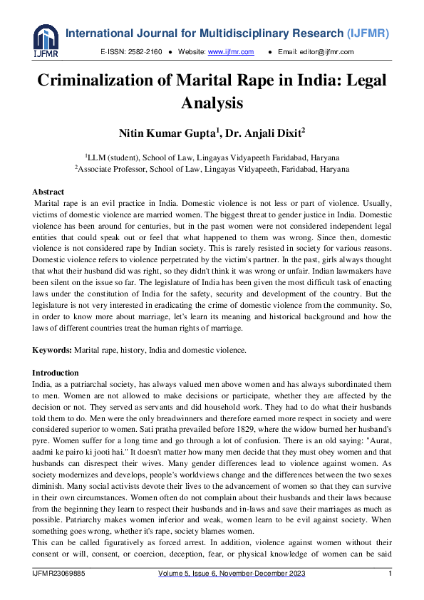 (PDF) Criminalization of Marital Rape in India : Legal Analysis
