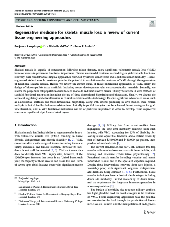 (PDF) Regenerative medicine for skeletal muscle loss: a review of ...