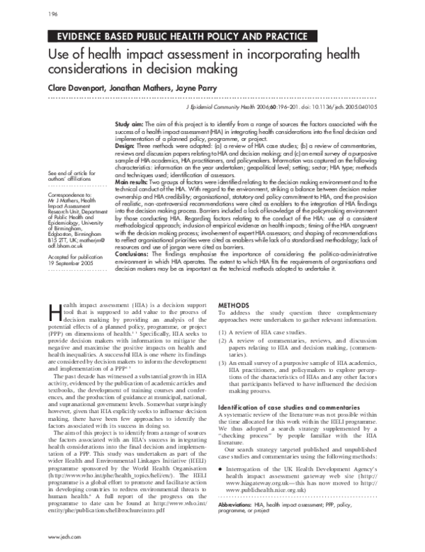 (PDF) Use of health impact assessment in incorporating health ...