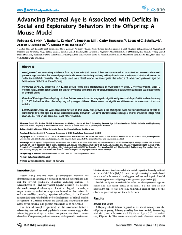(PDF) Advancing Paternal Age Is Associated with Deficits in Social and ...