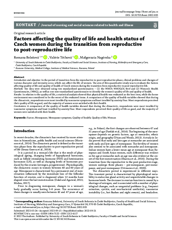(PDF) Factors affecting the quality of life and health status of Czech ...