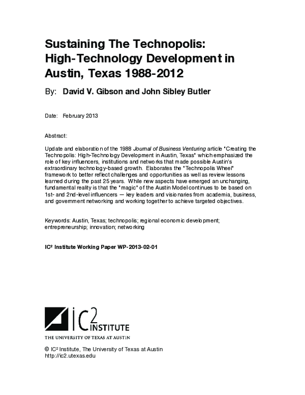 (PDF) Sustaining The Technopolis: High-Technology Development in Austin ...
