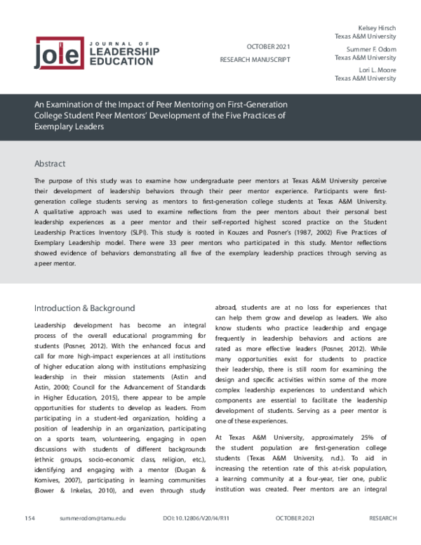 (PDF) An Examination of the Impact of Peer Mentoring on First ...