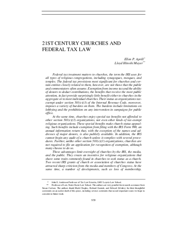 (PDF) 21st Century Churches and Federal Tax Law