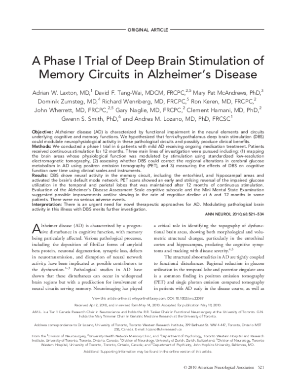 (PDF) A phase I trial of deep brain stimulation of memory circuits in ...