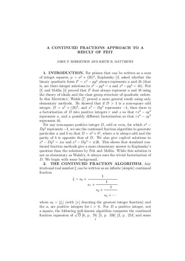 (PDF) A Continued Fractions Approach to a Result of Feit