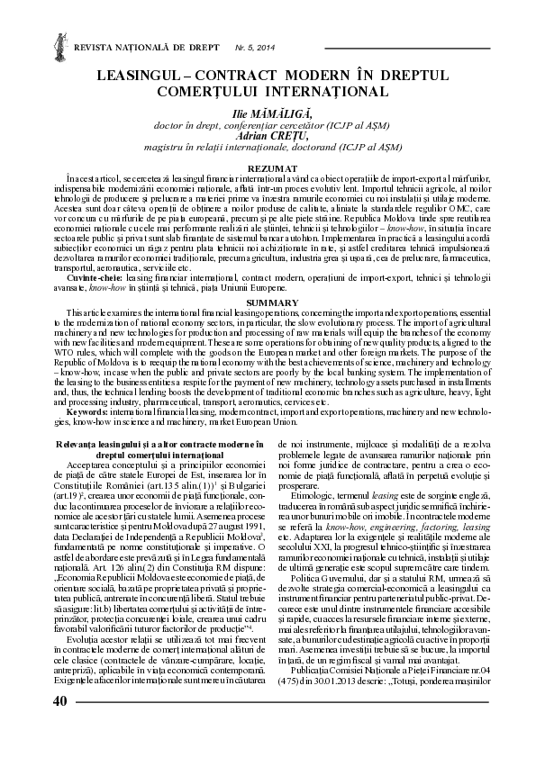 (PDF) Leasingul – contract modern in dreptul comertului International