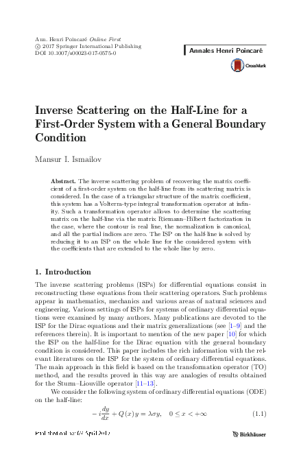 (PDF) Inverse Scattering on the Half-Line for a First-Order System with ...
