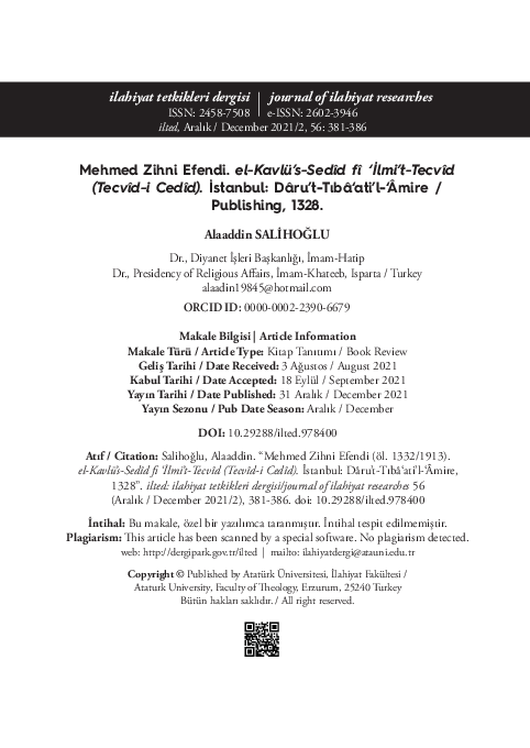 (PDF) Mehmed Zihni Efendi (öl. 1332 / 1913). el-Kavlü’s-Sedîd fî ‘İlmi ...