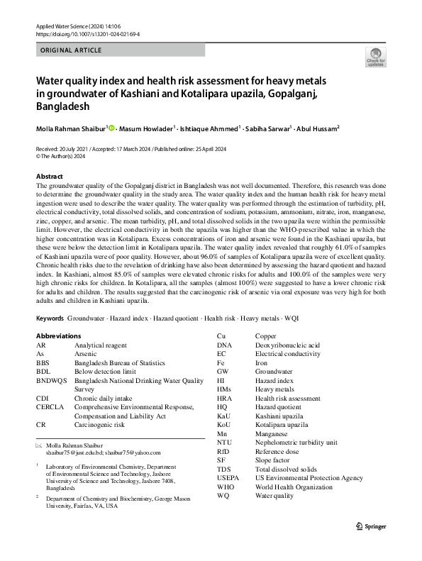 (PDF) Water quality index and health risk assessment for heavy metals ...