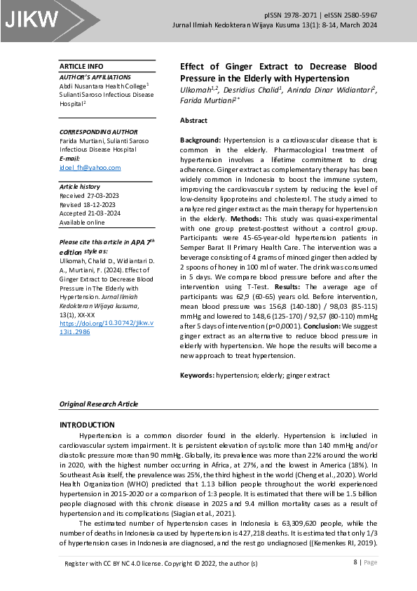 (PDF) Effect of Ginger Extract in Lowering Blood Pressure in The ...