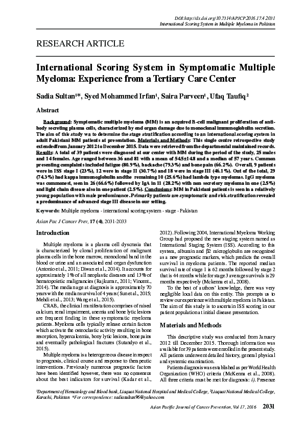 (PDF) International Scoring System in Symptomatic Multiple Myeloma ...