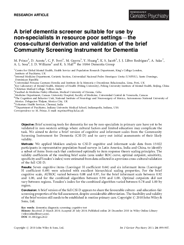 (PDF) A brief dementia screener suitable for use by non‐specialists in ...