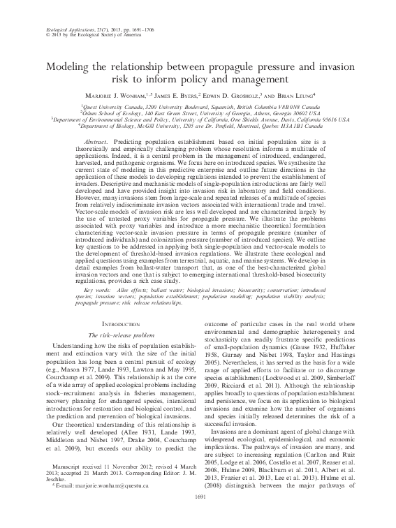 (PDF) Modeling the relationship between propagule pressure and invasion ...