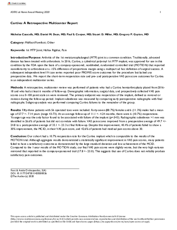 (PDF) Cartiva: A Retrospective Multicenter Report