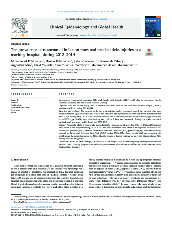 (PDF) The prevalence of nosocomial infection rates and needle sticks ...